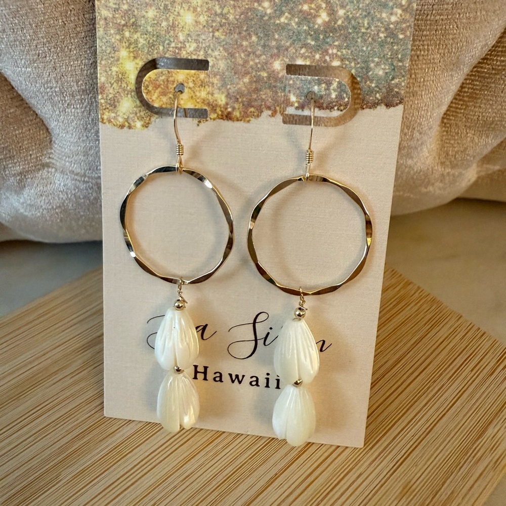 Elegant Gold and White Pikake Double MOP Hoop Earrings